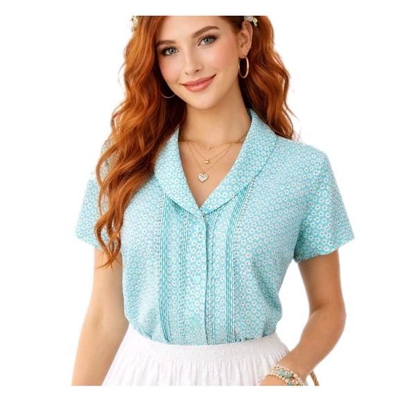 Covington Tops - COVINGTON Size Small Turquoise Blue Ditsy Floral Pleated Shawl Collar Blouse EUC